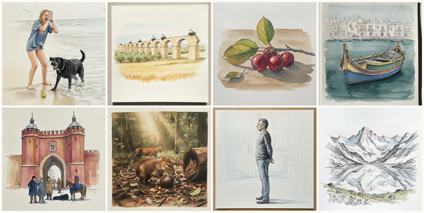 Person at beach with wet dog, Zaghouan-Carthage Aqueduct, Zaghouan, Tunisia, Apple branch with red fruit and leaves, Maltese Luzzu at Marsaxlokk, and more — pen + watercolor for September 5, 2026