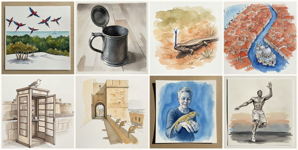 Pacific Lowland Coastal Forest, Osa, Costa Rica, Antique Pewter Tankard, Eastern blue-tongued skink, Venice from a Drone Above San Marco, and more — pen + watercolor for September 6, 2026