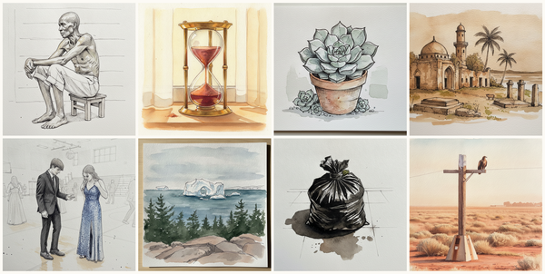Reach across to grab opposite knee, elder at 71, Hourglass with red sand, Echeveria, Vumba Kuu Ruins, Kwale County, Kenya, and more — pen + watercolor for October 12, 2026