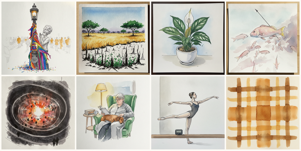 Pride Weekend, West Village, Fire-scarred grassland with regrowth, Kruger — central section after late winter burn, Peace Lily in White Ceramic Pot, Hogfish, and more — pen + watercolor for October 16, 2026
