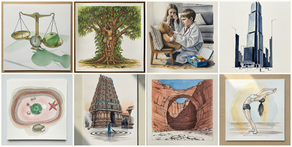 A green apple on a kitchen scale, Black pepper, Kid pretending to be a doctor, One Vanderbilt, Midtown Manhattan, New York, NY, USA, and more — pen + watercolor for October 17, 2026