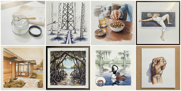 Cold Cream Jar with Brass Spoon, Lattice Tower Through Birch Wood, Bowl of bar nuts, Asymmetric T, Knee Up, Older Black Woman on Mat, and more — pen + watercolor for October 21, 2026