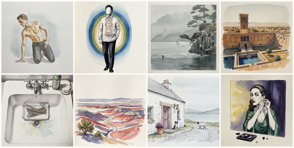 Kneeling on heels, twist with hand on floor, Filipino barong tagalog, White-tailed eagle, Yazd Qanats, Yazd, Iran, and more — pen + watercolor for October 23, 2026