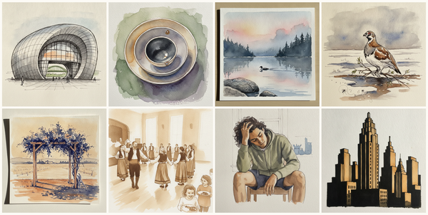 Sage Gateshead, Gateshead, England, Nested set of three studio bowls, Maine pond fog at dawn, USA, Willow ptarmigan, and more — pen + watercolor for October 24, 2026