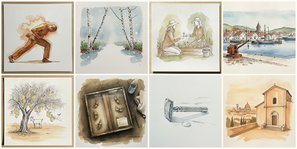 Cushioned Dais, Hands Clasped, Hokkaido Birch with Snowfall, Couple silent gardening, Stavanger old harbor with white wooden houses, Norway, and more — pen + watercolor for October 4, 2026