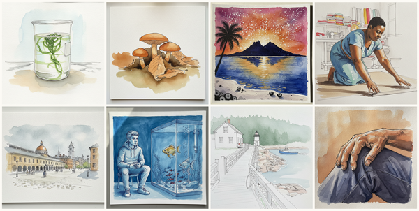 Flat-Bottomed Beaker with Floating Algae, Fool's webcap (Cortinarius orellanus), Bora Bora sunset from a leeward motu, Forward Kneel with Both Hands Sweeping Floor in Front, and more — pen + watercolor for October 5, 2026