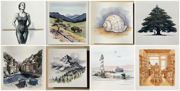 Woman, 40s, white, mature athletic build, both hands behind back on a barre, Black Hills foothills grasslands — Custer County, South Dakota, Lightning whelk, sinistral spiral, Cedar of Lebanon, and more — pen + watercolor for October 6, 2026