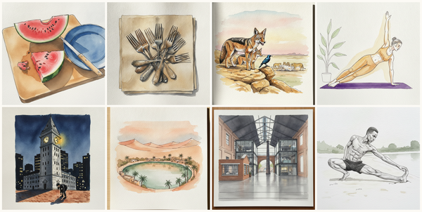 Watermelon Wedge, Mismatched Antique Forks, Black-backed jackal, Plank position side view, and more — pen + watercolor for October 10, 2026