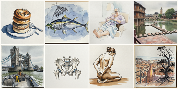 Bagels stacked four high, Yellowfin tuna, Plus-size grandmother knitting, Fenghuang Ancient Town, Hunan, China, and more — pen + watercolor for October 1, 2026