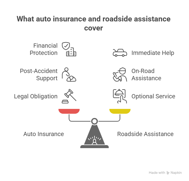 Infographic comparing what auto insurance and roadside assistance cover