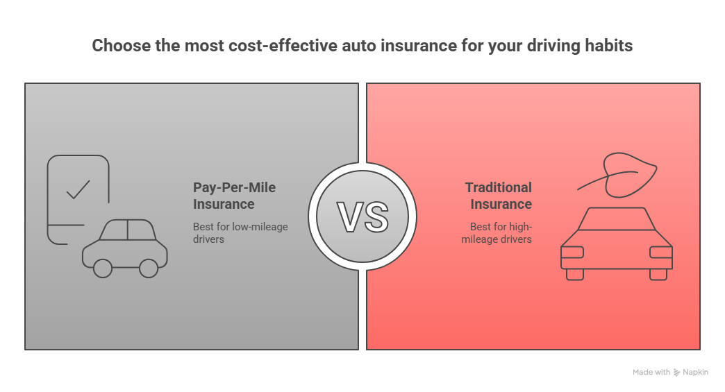 Split comparison graphic showing Pay-Per-Mile Insurance versus Traditional Insurance