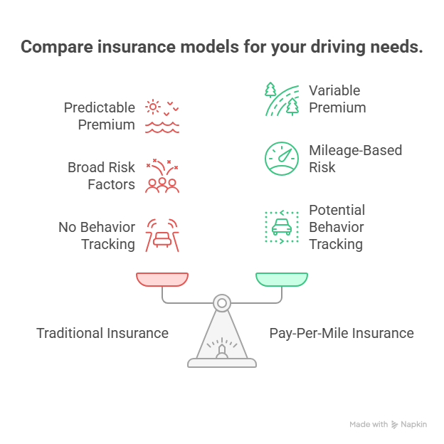 Diagram comparing traditional insurance with pay-per-mile 