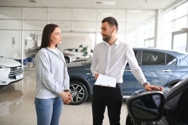Car dealership consultation with customer choosing a leased vehicle