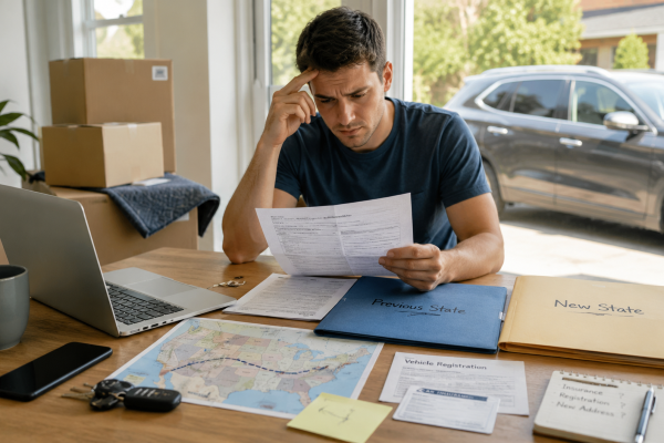 Person reviewing car insurance and registration paperwork during a move, with boxes, a laptop, and a vehicle outside.