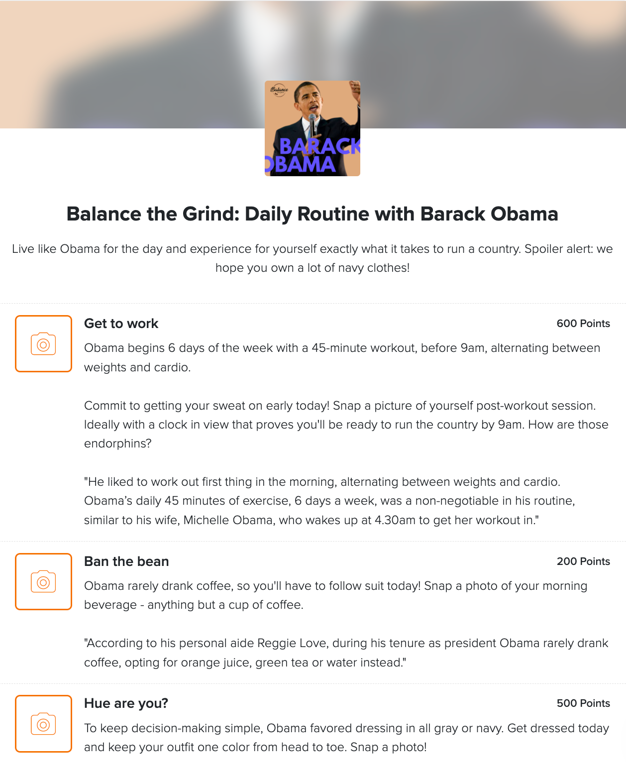a screenshot of a game inside the Goosechase app titled, 'Balance the Grind: Daily Routine with Barack Obama'