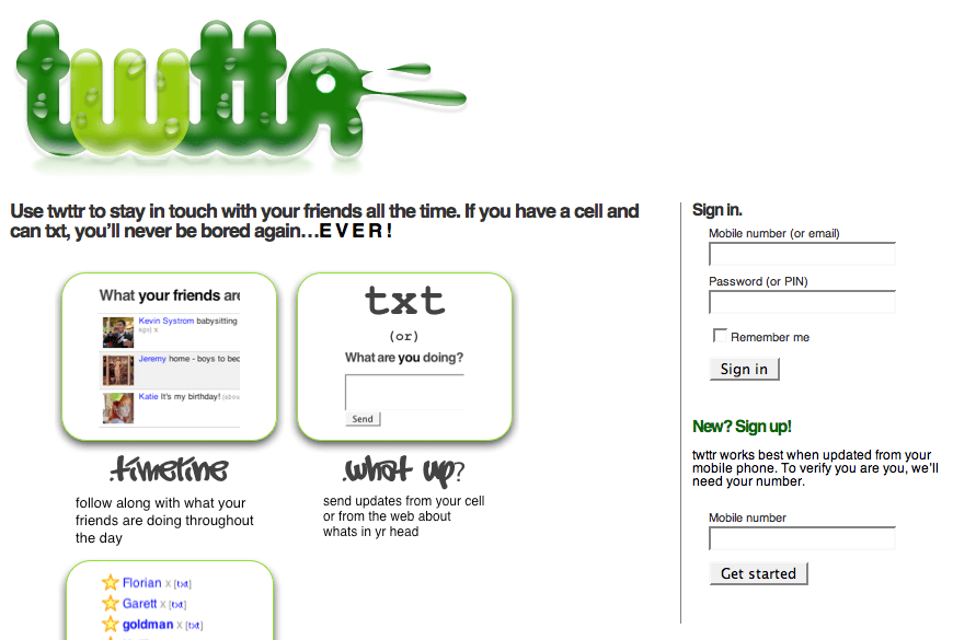 a photo of twitter in 2006 with the login page, timeline, and creation post box