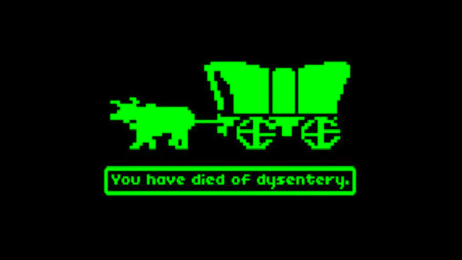 an ox pulling a card and a text that says, 'You have died of dysentery'