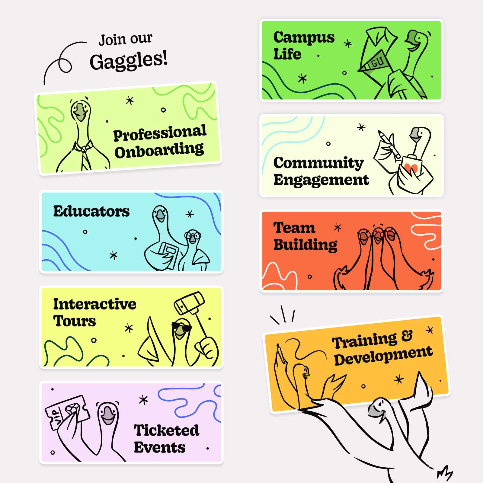 Each discussion group in a box with geese inside