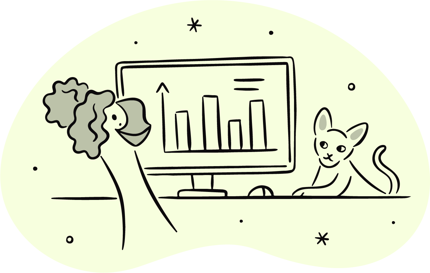 an illustration of a monitor with a woman and a cat on the side