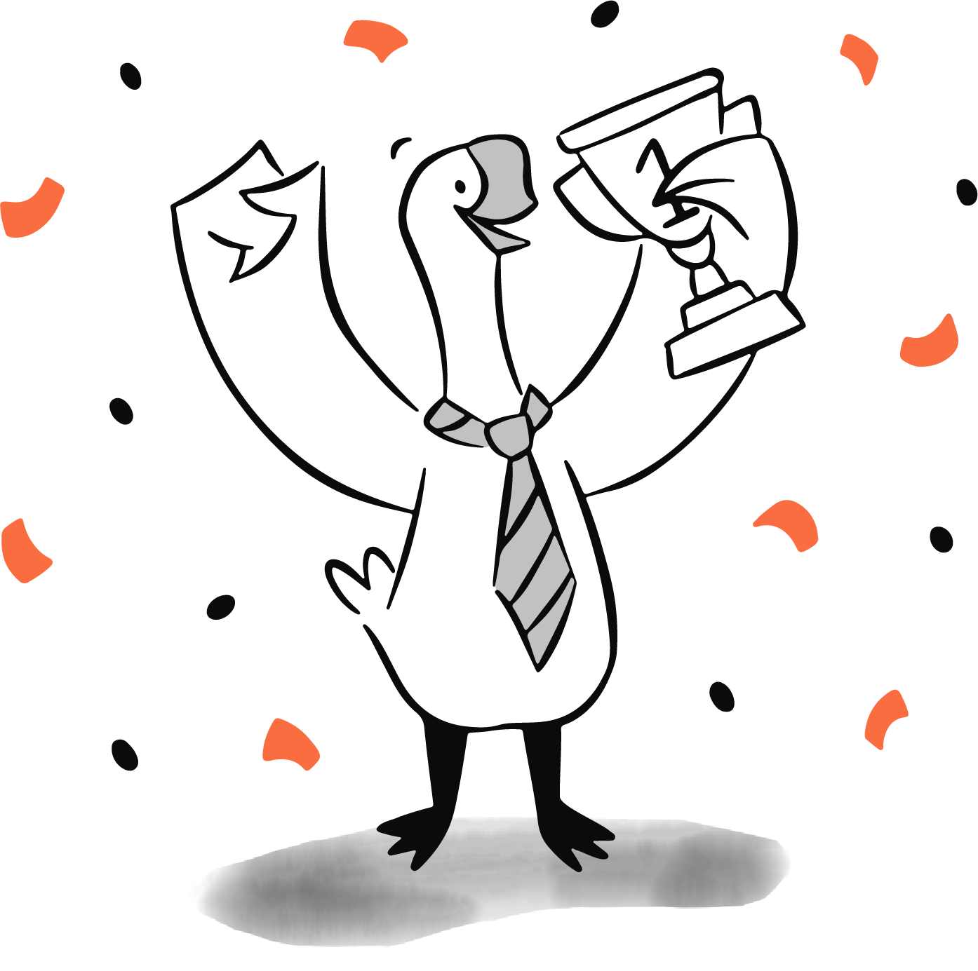 a goose celebrating with a trophy of 1st in hand