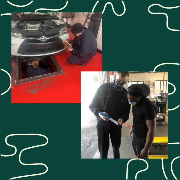 A mechanic checking a car (upper left). An employee consulting another employee
