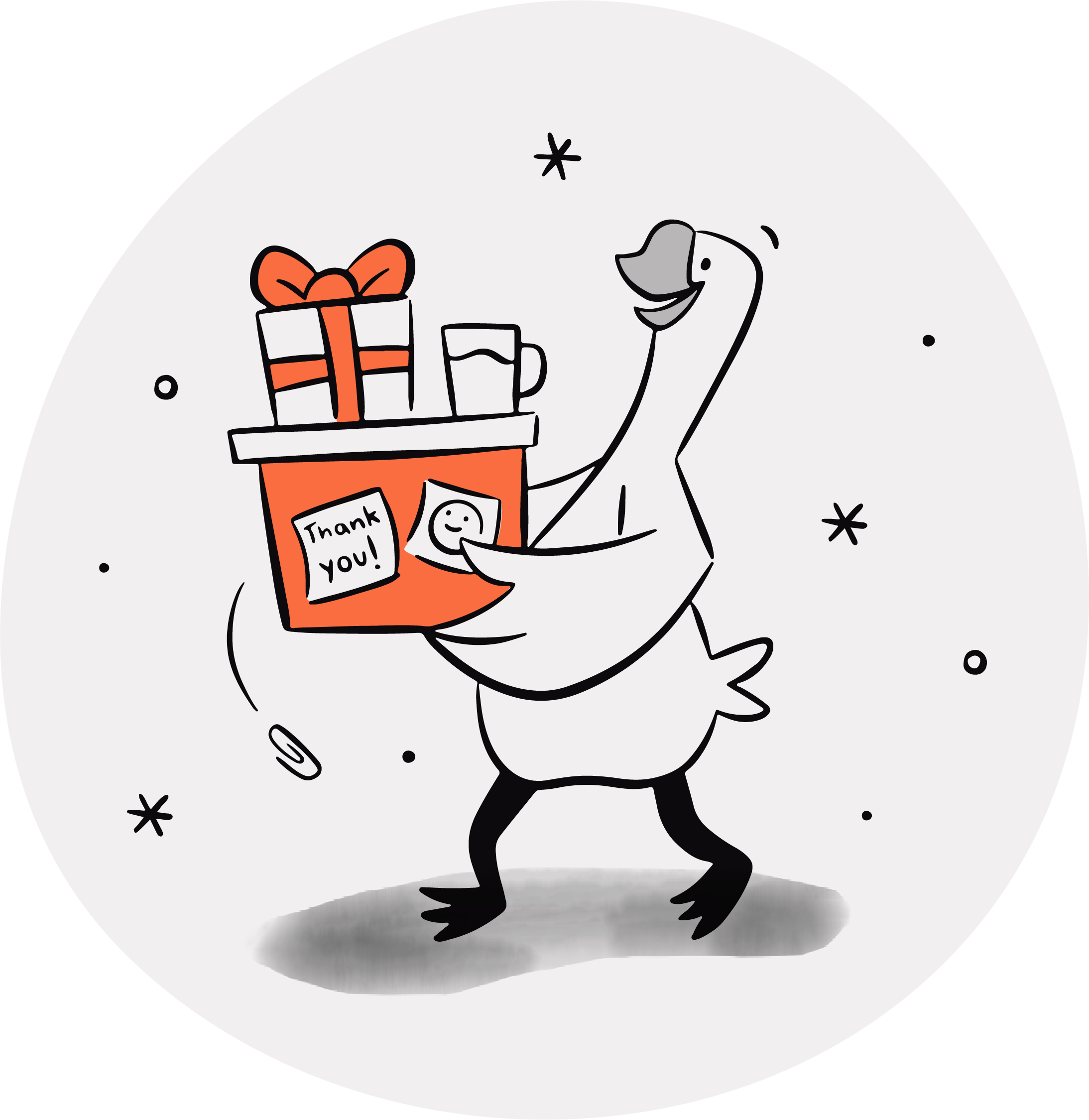 a happy goose carrying thank you gifts