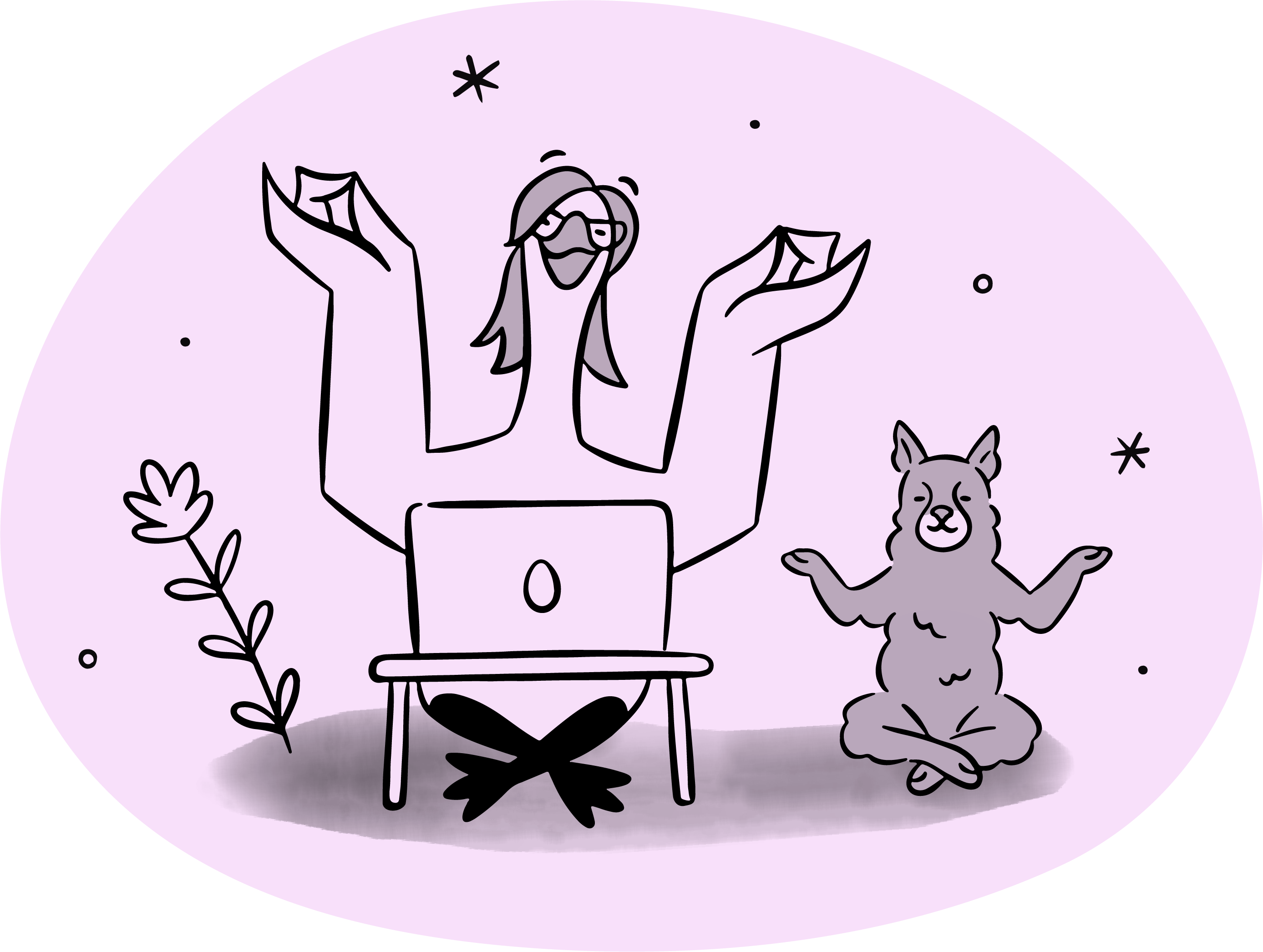 a goose infront of a laptop and a dog on the side, meditating