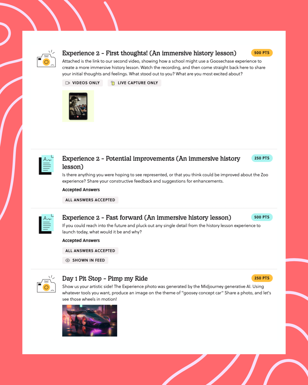 Sample of missions for the approach to the concept car