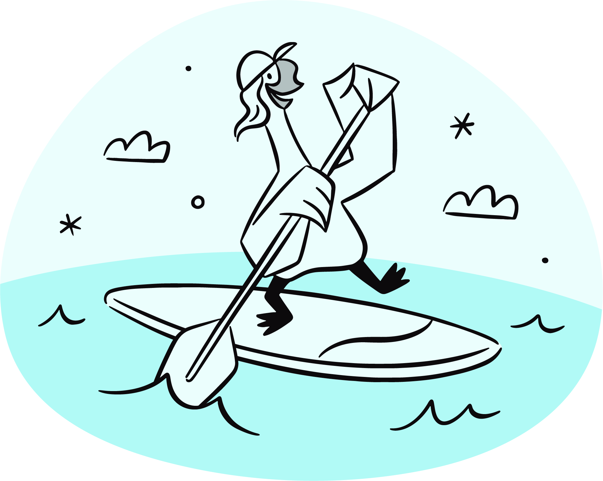 a goose standing on a surfboard paddling