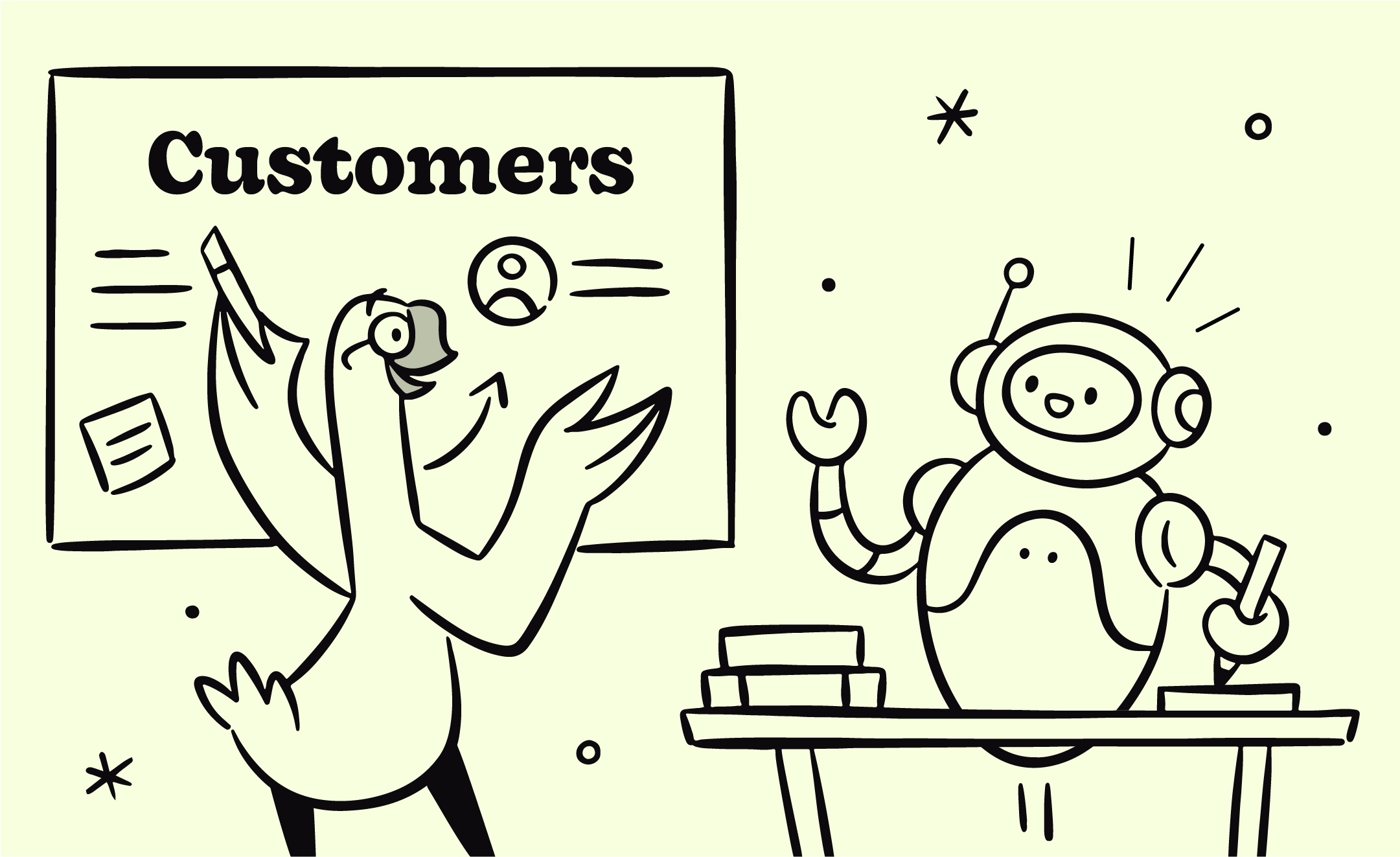 a goose teaching a robot about customers