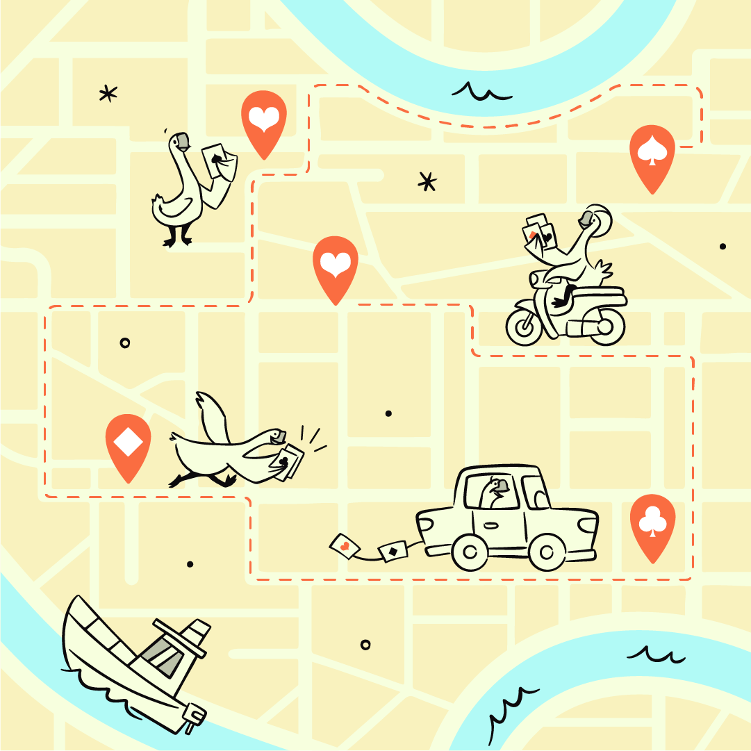 an illustration of a route where 4 geese (one in a car, walking, running, and in a motorcyle) are holding posters