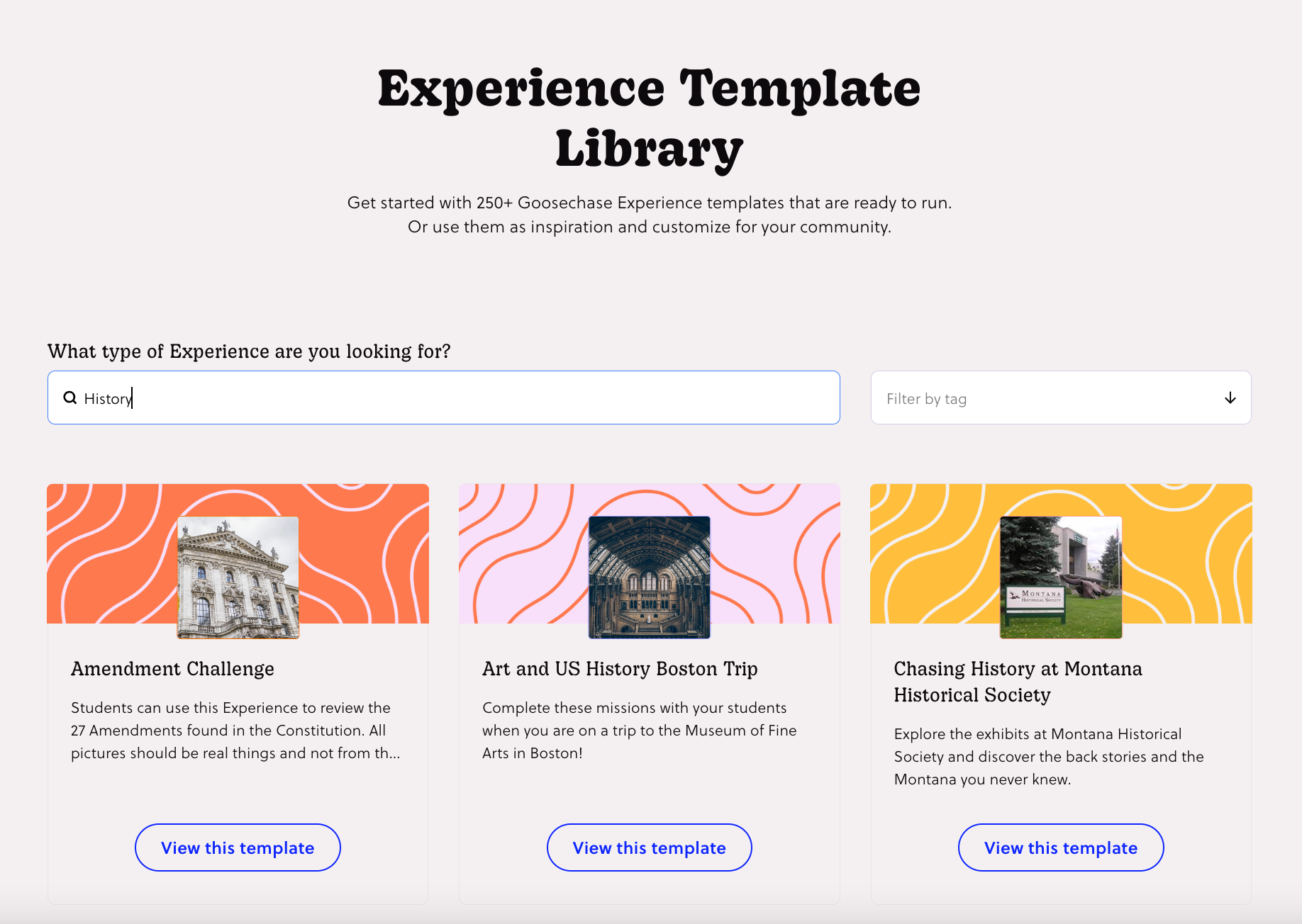 a screenshot of Goosechase experience template library with three history templates on display