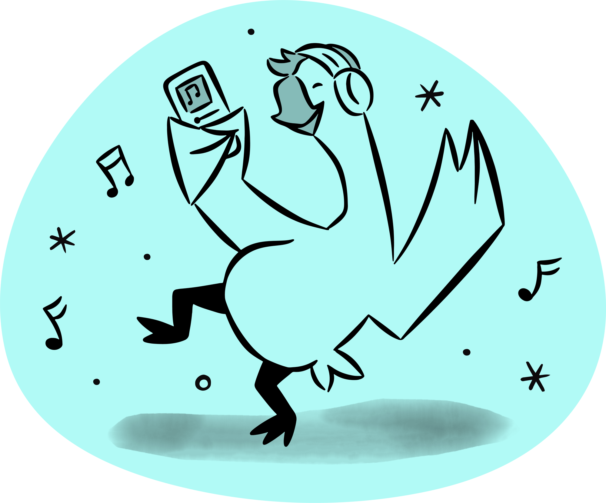 a goose dancing while listening to music