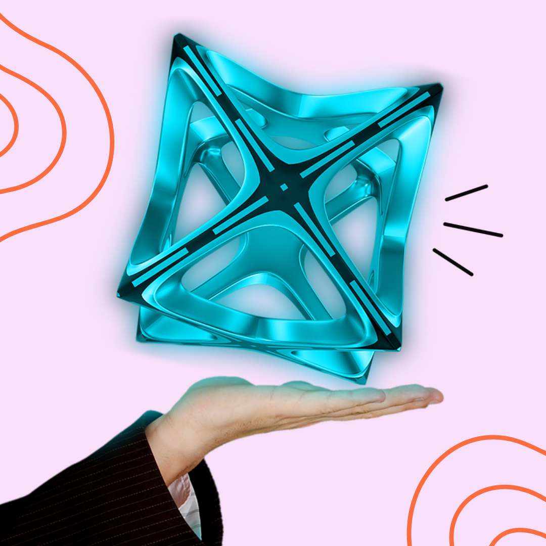 A hand gesturing to a floating blue hologram