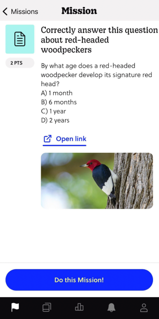 a screenshot of a mission about answering red-headed woodpeckers