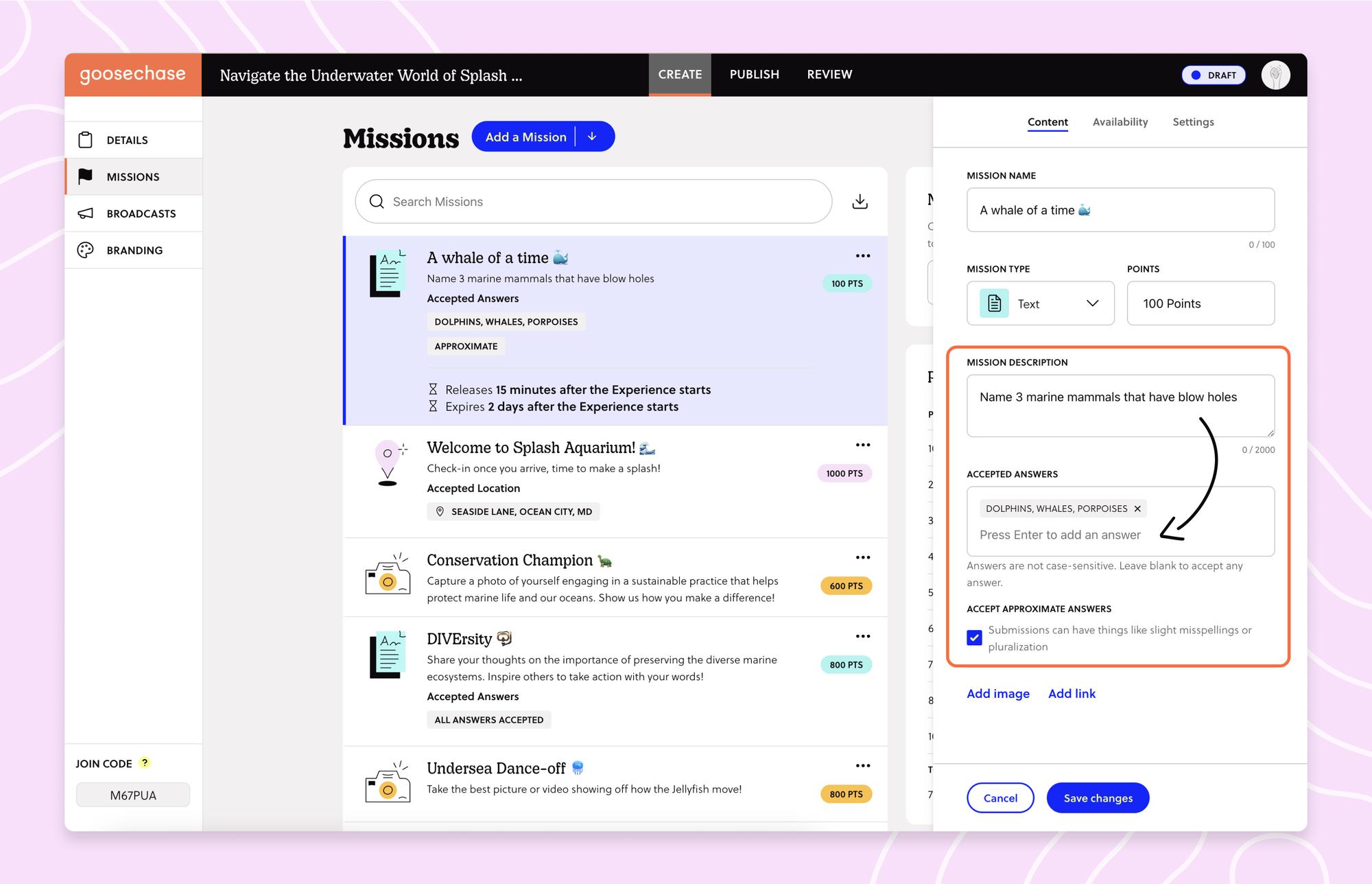 a screenshot of the Missions page highlighting the mission description and accepted answers