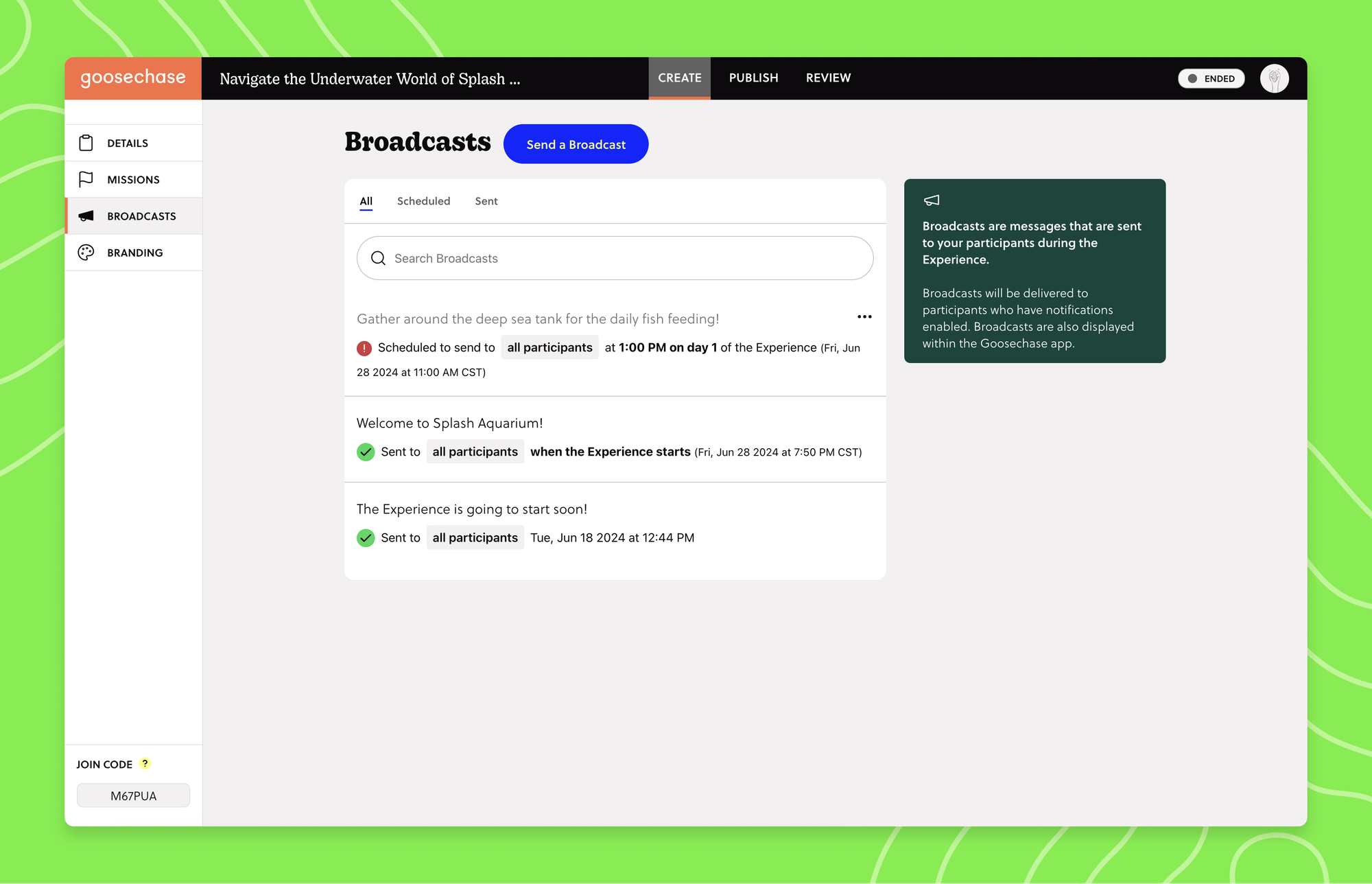 a screenshot of Broadcasts page