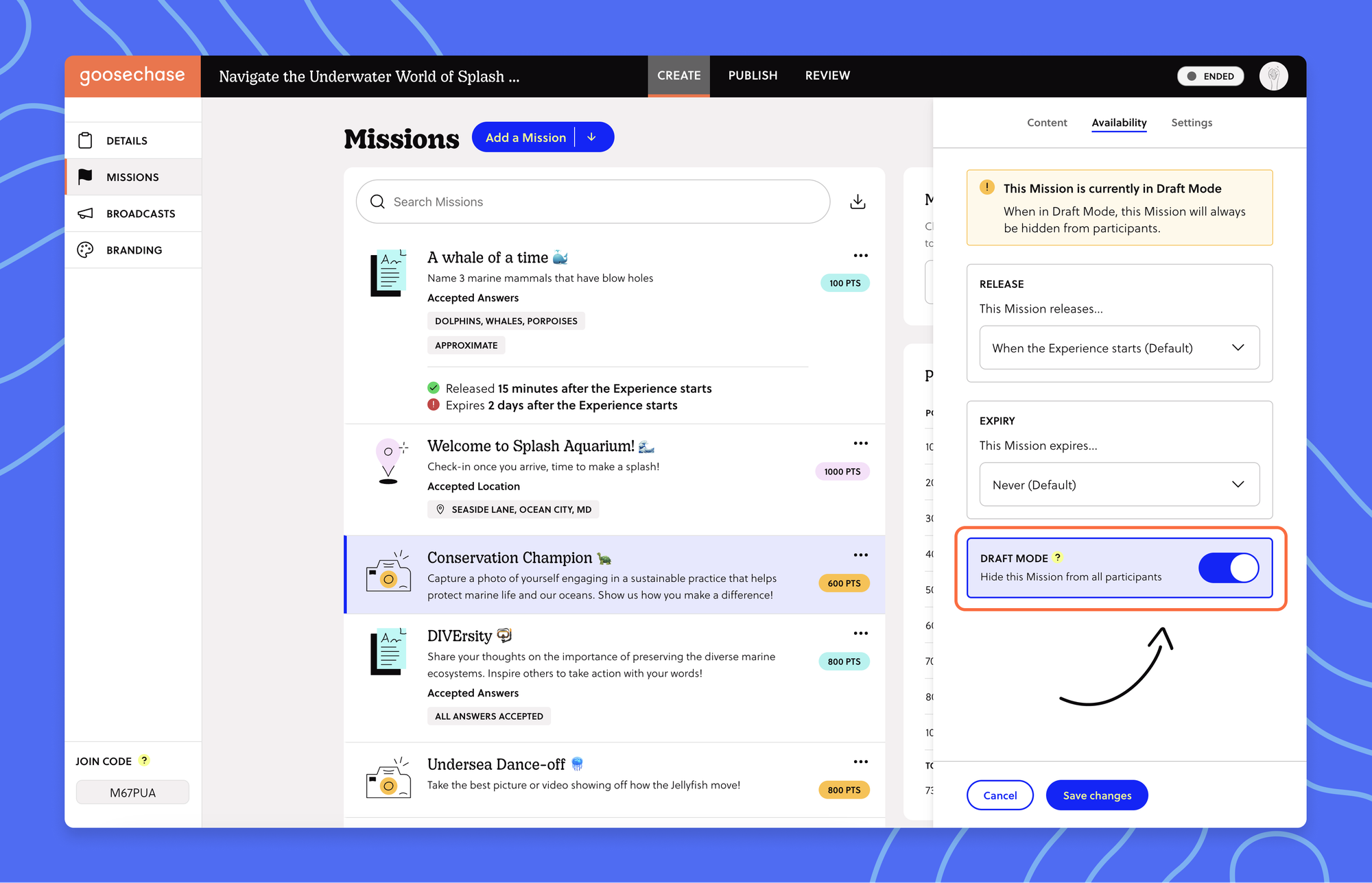 a screenshot of the Missions page highlighting the draft mode button