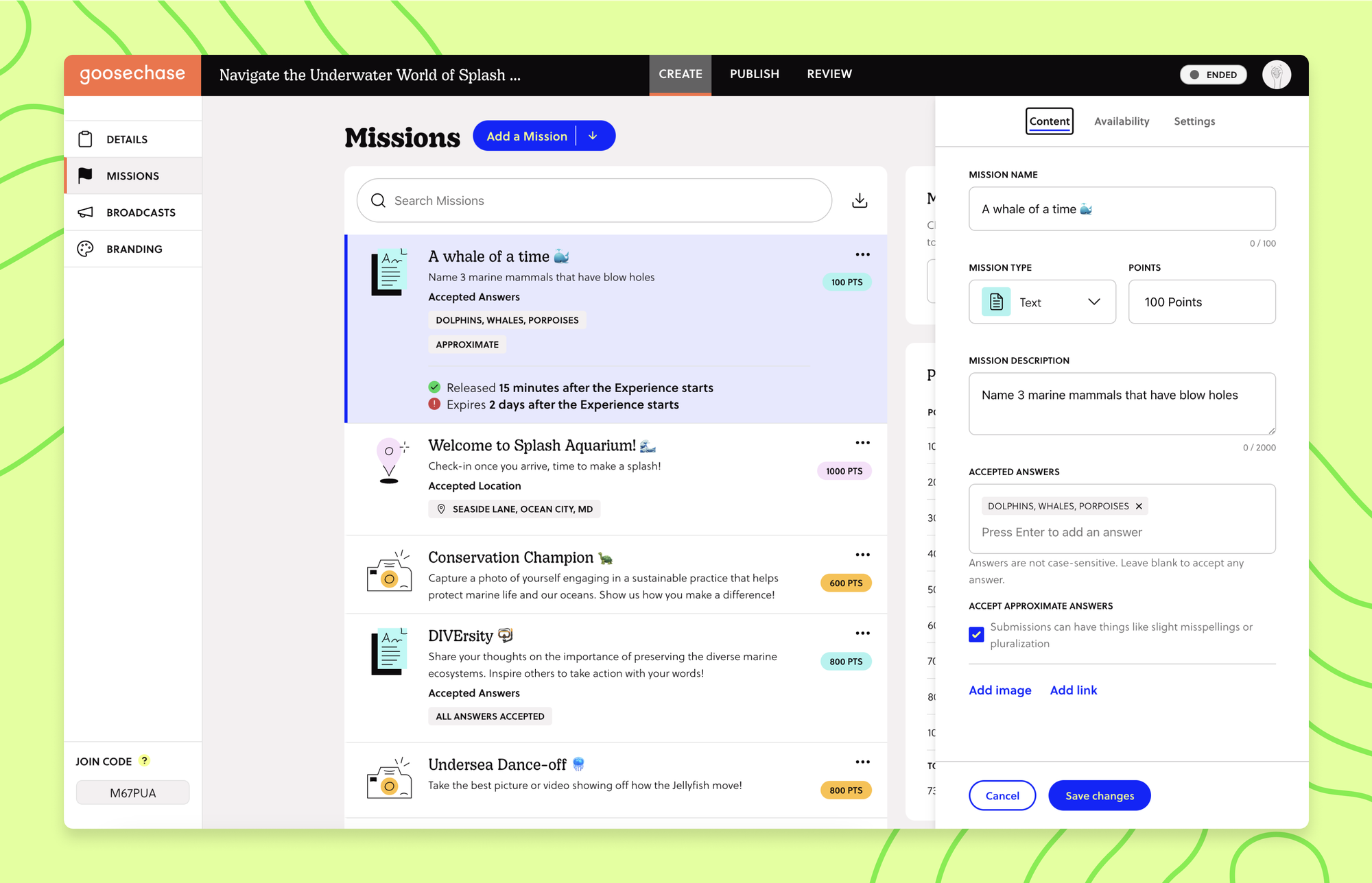 a screenshot of a mission page with all the mission-related settings