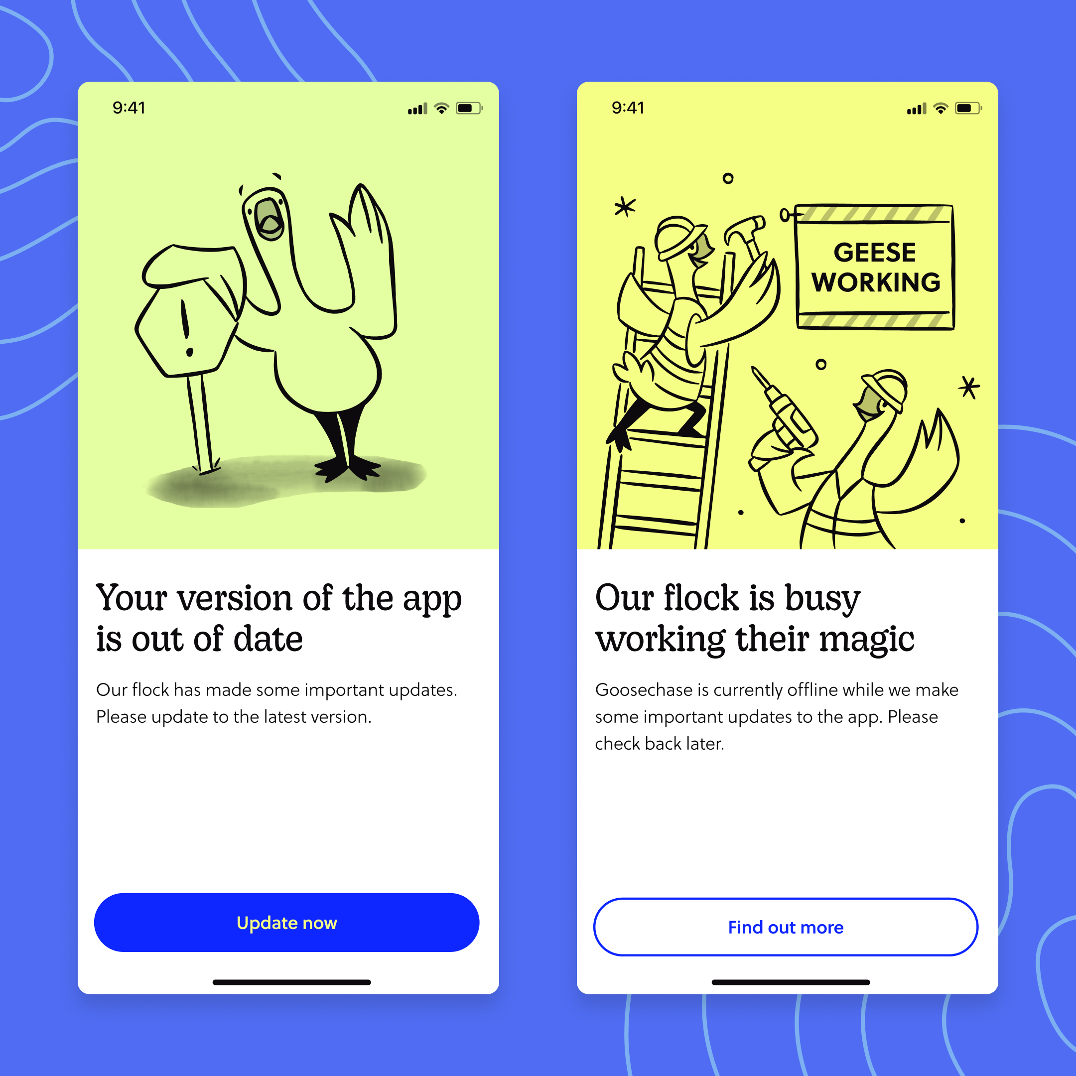 A cartoon goose leaning on a warning sign (left). Two cartoon geese holding tools (right)