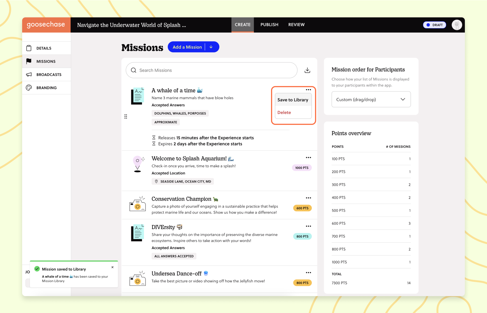 a screenshot of the Missions page highlighting the Save to Library and Delete button