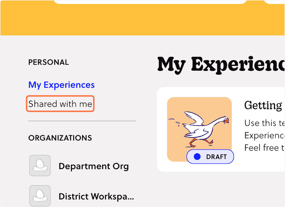 a screenshot of Shared with me tab in the My Experiences page
