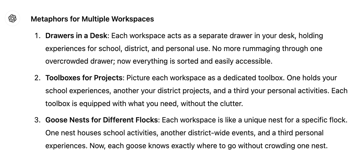 a photo of ChatGPT's answer to visuals for multiple workspaces