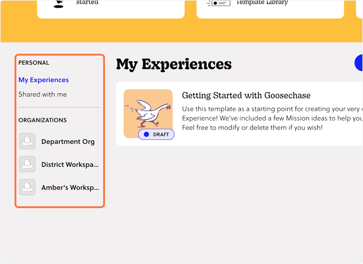 a screenshot of the Experiences page highlighting Personal and Organizations Tab