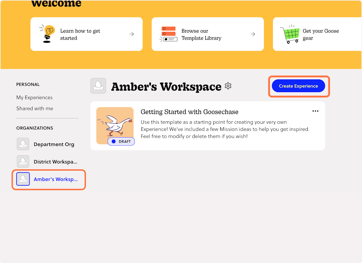 a screenshot of Amber's Workspace highlighting the create experience button