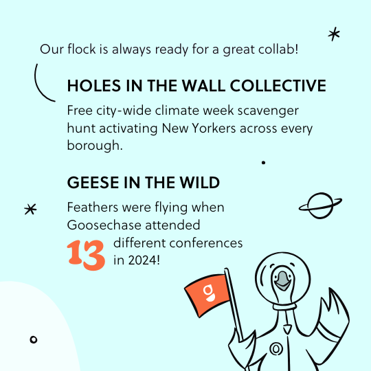 A goose in a space suit, surrounded by the headlines "Holes in the Wall Collective" and "Geese in the Wild"