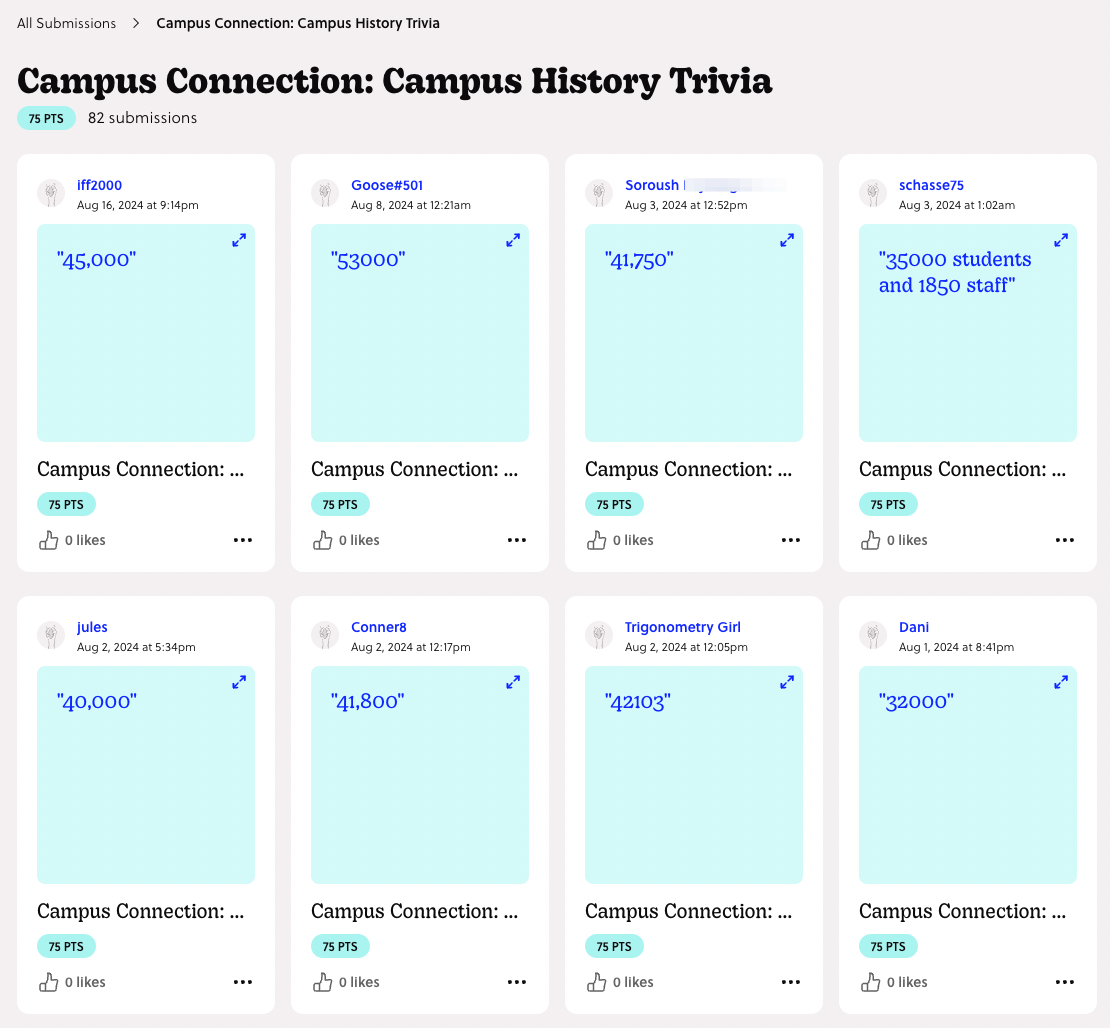 a screenshot of mission Campus Connection: Campus History Trivia with with submission of their answers to the question, "How many students and staff are on campus during a typical school year?"