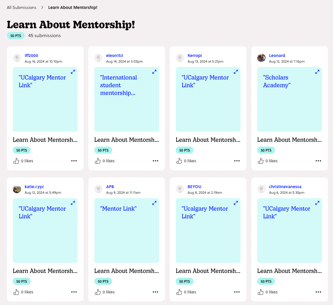 a screenshot of mission Learn About Mentorship! with submissios of new grads knowledge of UCalgary's mentorship platform