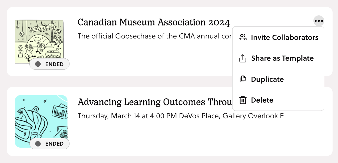 a photo of the studio homepage with the three dots clicked and displayed (Invite Collaborators, Share as Template, Duplicate, Delete)