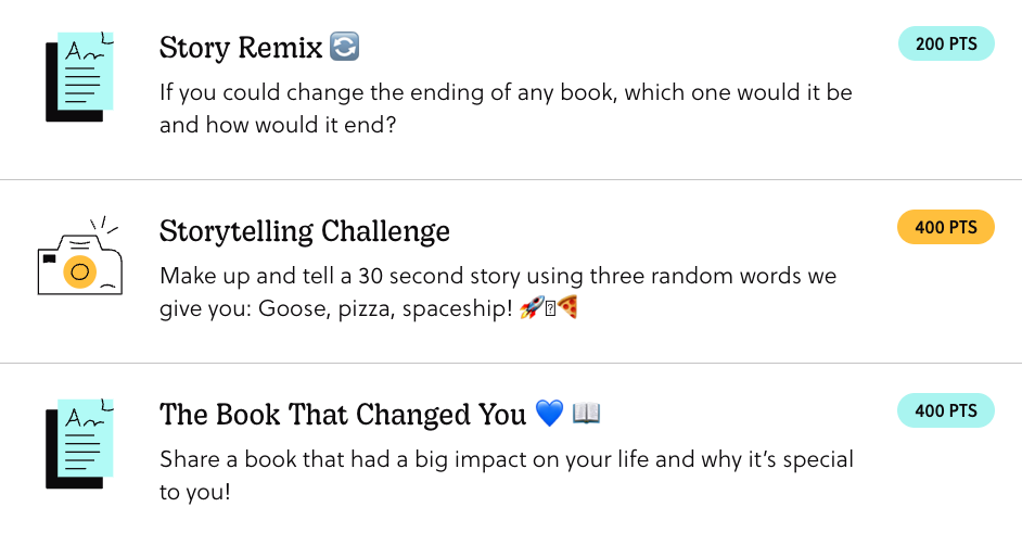 a screenshot of Goosechase missions (Story Remix, Storytelling Challenge, The Book That Changed You)